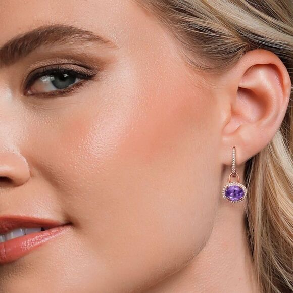 18K Rose Gold 925 with 4.16 Cttw Amethyst Oval Dangling French Lock Earrings - Picture 3 of 5